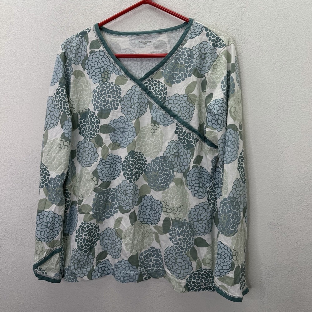 Garnet Hill Pajama Top SZ L Blue Floral Asian Wrap 100% Organic Cotton Kimono